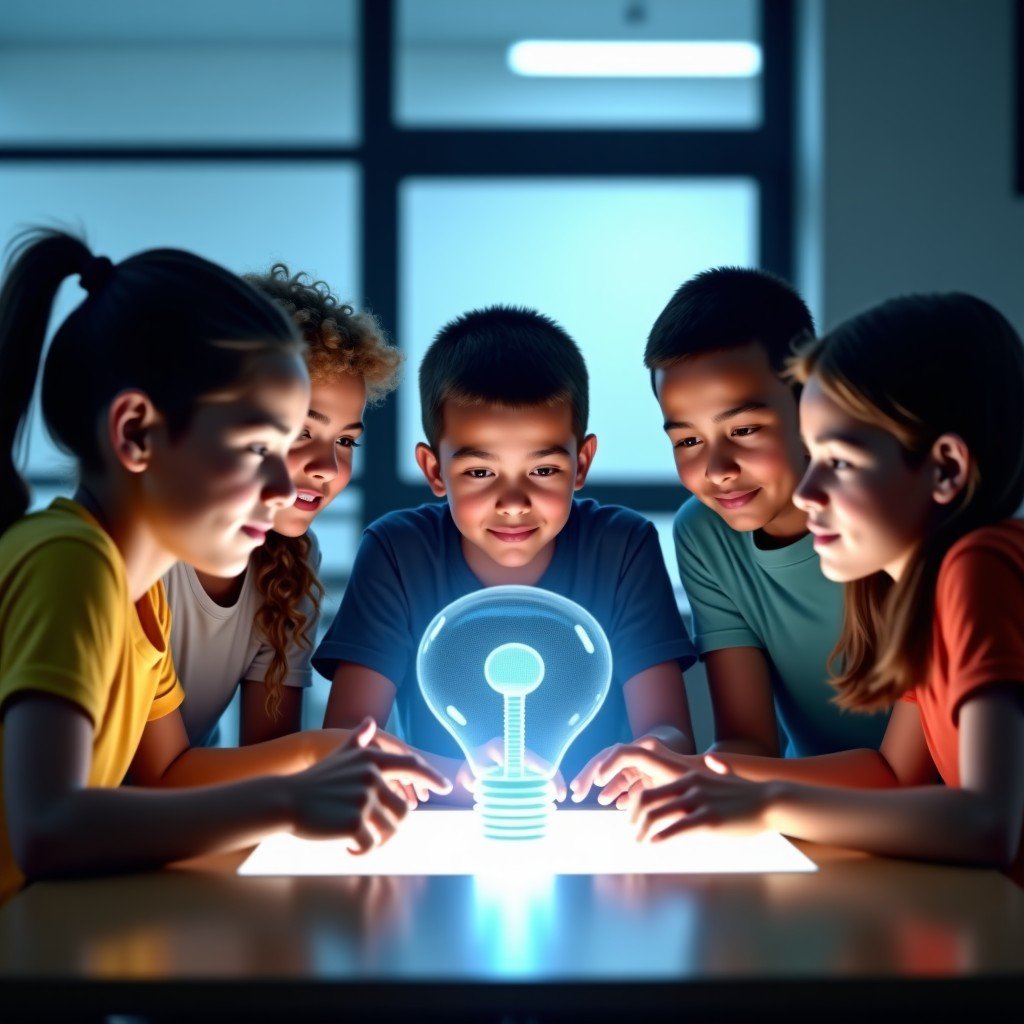 A group of diverse high school students looking at a glowing holographic AI interface in a modern classroom, their expressions are optimistic and curious, bright natural lighting, cinematic photography style, high quality, 4:3