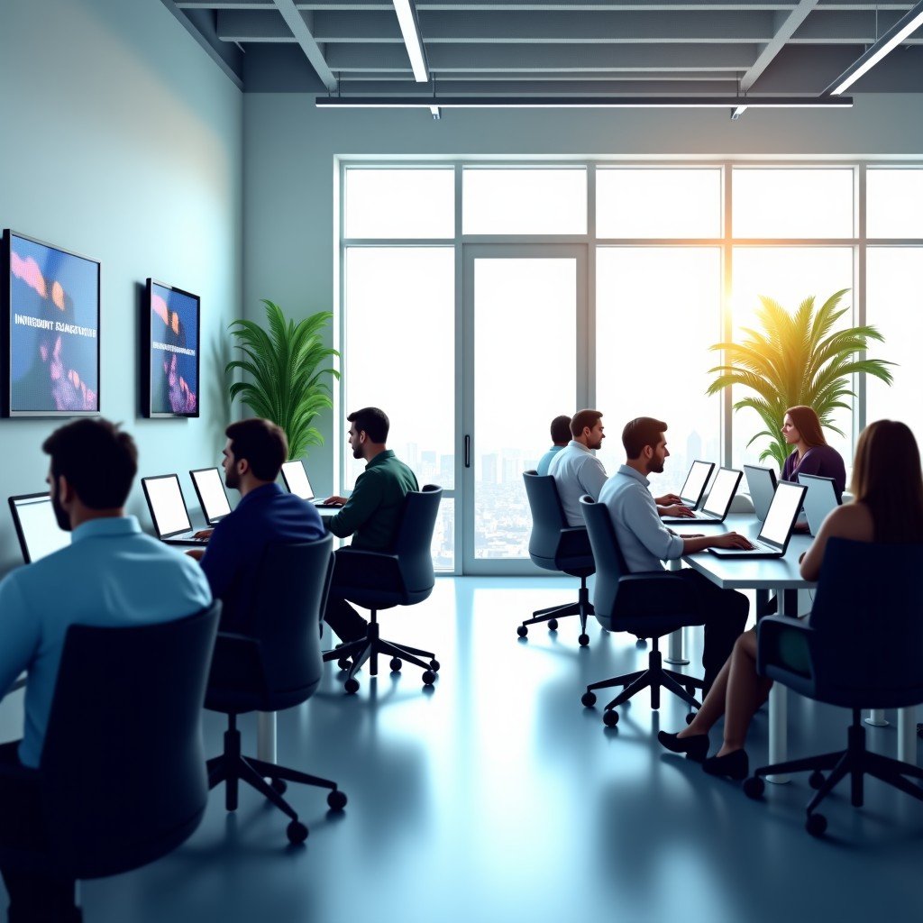 A bright and airy modern office interior where diverse professionals are collaborating using laptops and large digital displays, a sense of productivity and advanced technology integration, natural sunlight through large windows, soft minimalist design, 4:3