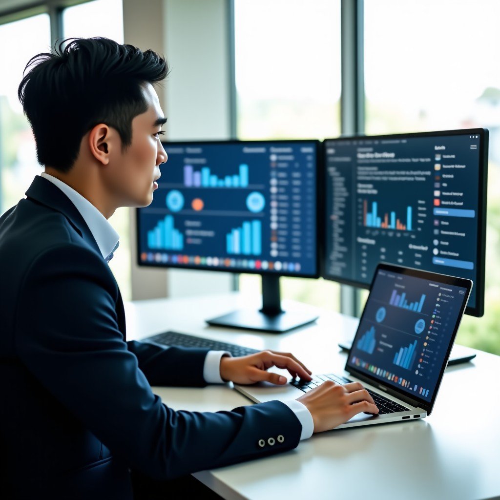A professional South Korean male bank employee sitting at a clean modern desk, using a laptop with two monitors showing complex data and AI chat interface, bright office environment, natural daylight, professional lifestyle photography, high quality, 4:3