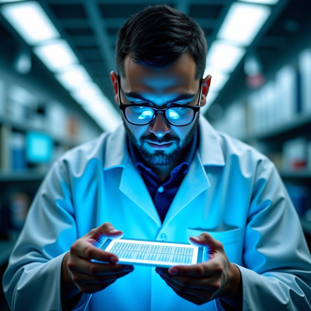 A professional researcher in a cleanroom laboratory examining a silicon wafer with intricate semiconductor circuits, high-tech environment, soft blue and white lighting, focus on the precision of the wafer, 4:3