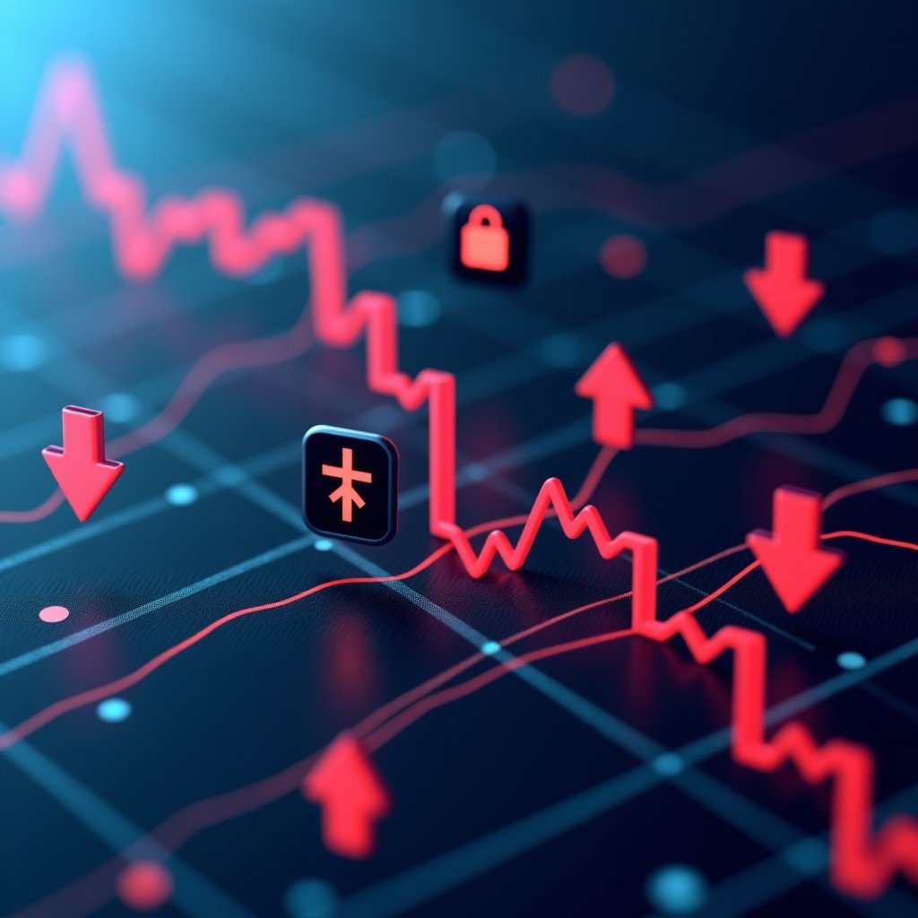 A conceptual visualization of artificial intelligence icons floating over a digital stock market display showing a downward trend with red arrows and line graphs. High contrast modern financial layout. 1:1
