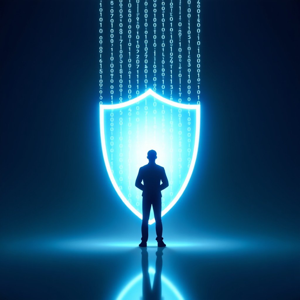 A sophisticated infographic style image showing a glowing shield protecting a human silhouette from digital binary code rain, clean professional layout, blue and white tones, 4:3