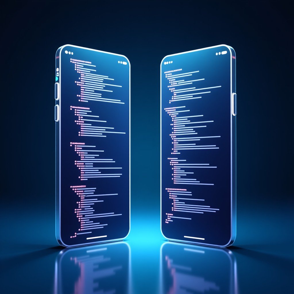 A split-screen digital visualization. On one side, lines of code are being highlighted and changed automatically. On the other side, a mobile app interface is being tested with checkmarks appearing over various features. Futuristic and clean tech aesthetic, 4:3