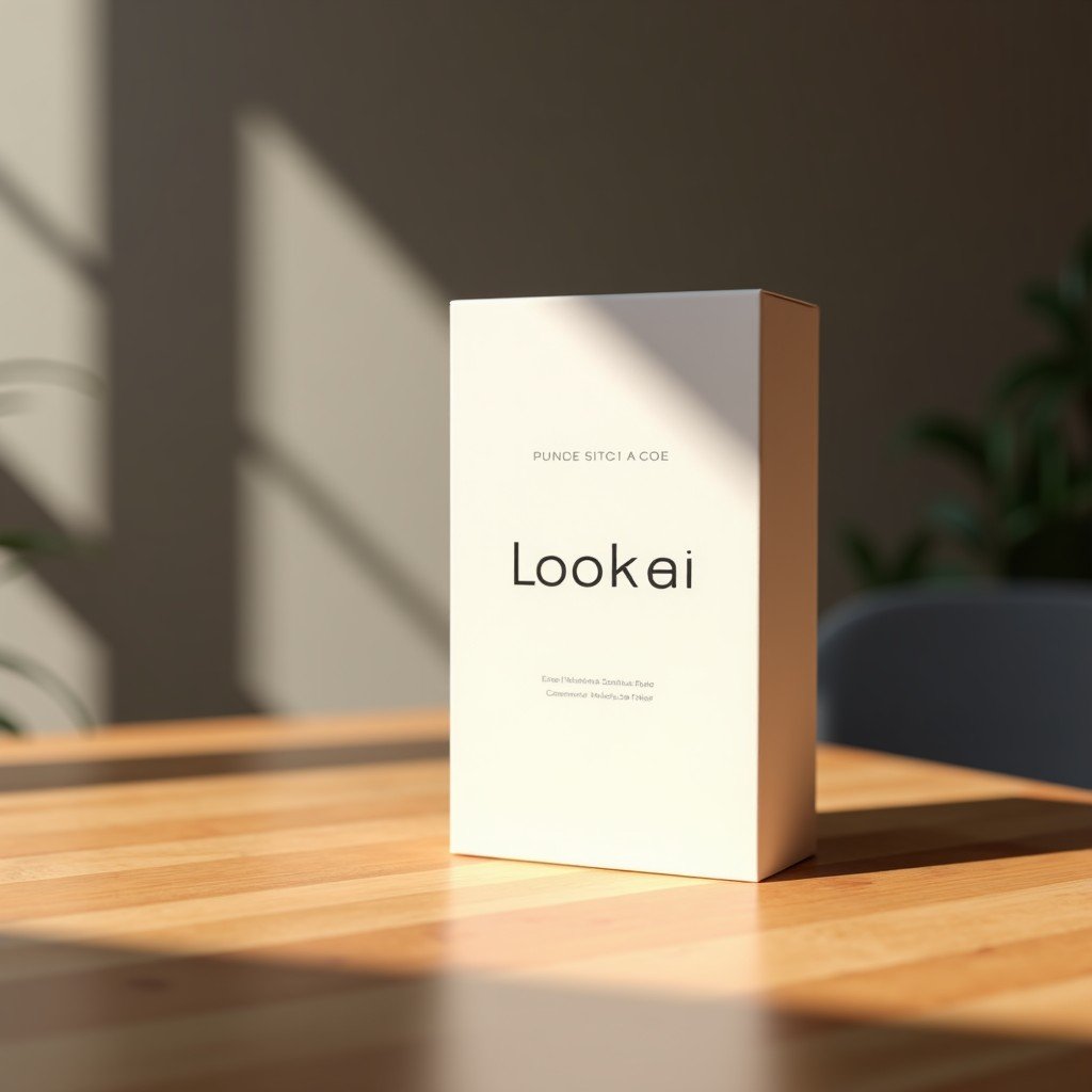 A high-quality marketing mockup of a product box designed by AI, featuring clean typography and modern graphics, professional studio lighting, wooden table background, 4:3