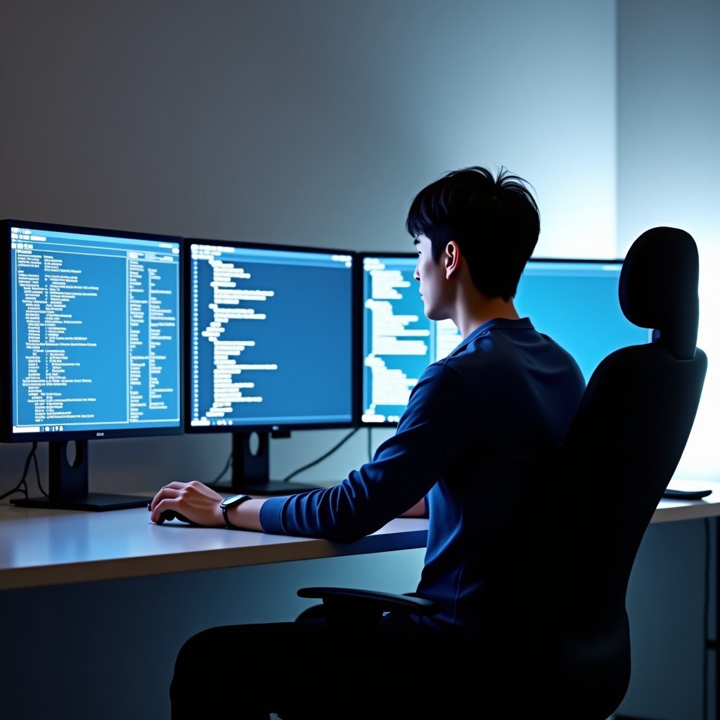 A Korean software developer sitting in a minimalist ergonomic office leaning back and looking thoughtfully at multiple monitors. One monitor shows complex system architecture diagrams while the others show automated code streams. 4:3