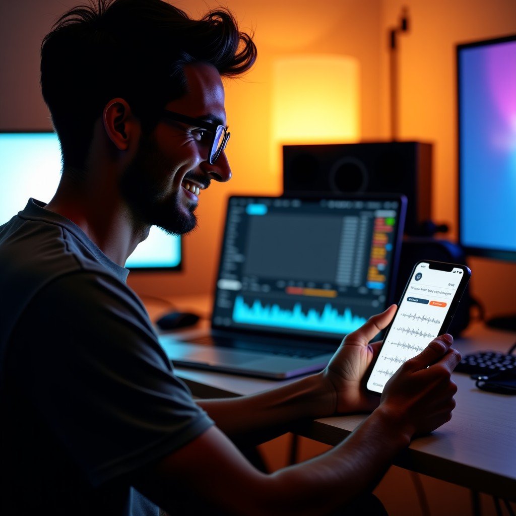 A professional content creator sitting in a modern studio, looking at a smartphone screen that displays an AI music generation interface with waveform patterns. The lighting is warm and cinematic, showing high-tech equipment in the background. The creator has a focused and satisfied expression. No text. 4:3