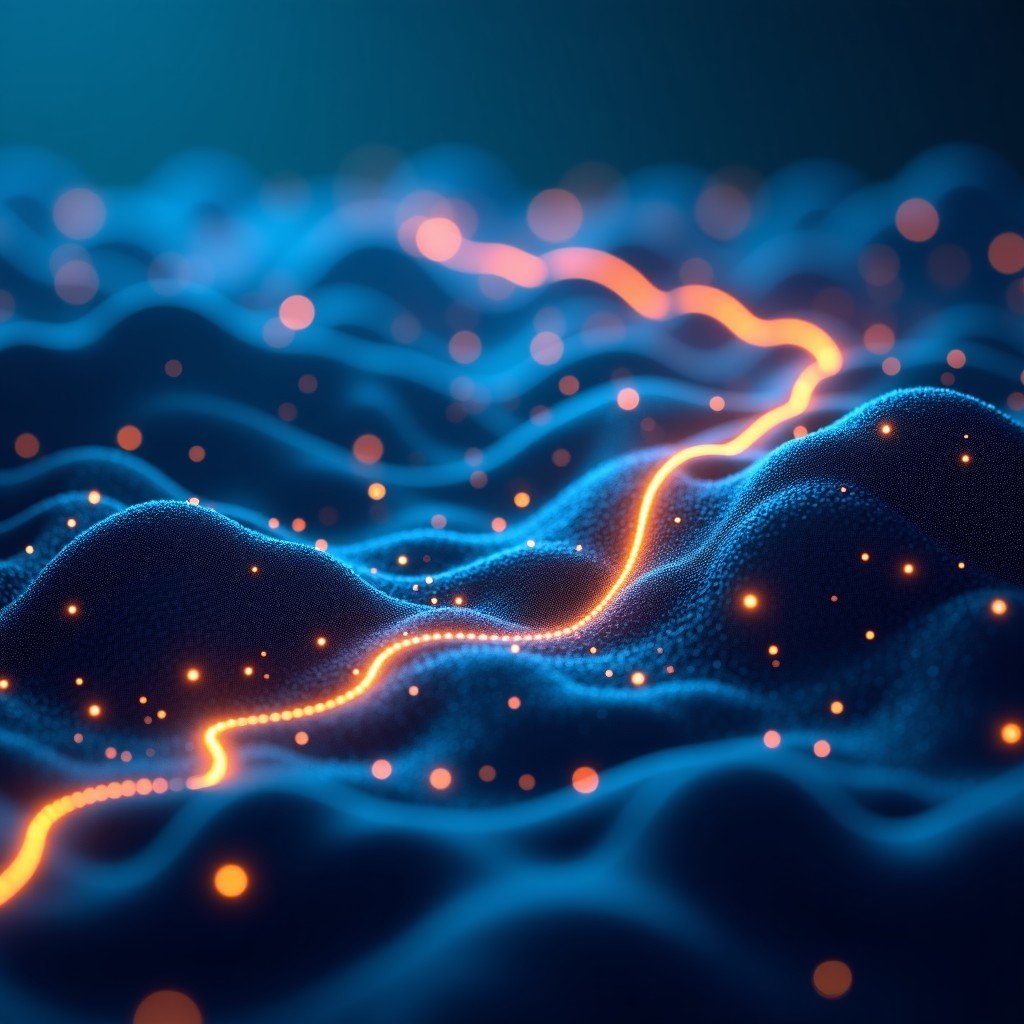 A futuristic digital landscape where glowing software code flows and merges into a complex AI neural network, professional tech visualization, blue and gold color palette, high contrast, 4:3