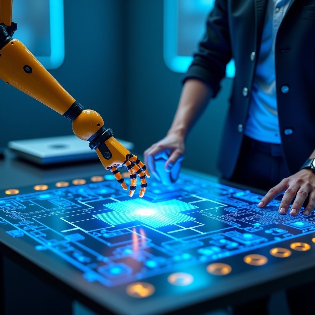 A futuristic robotic arm collaborating with a human engineer on a glowing holographic semiconductor blueprint, blue and gold theme, 4:3
