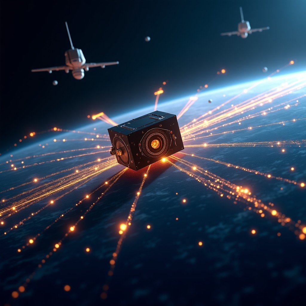 A futuristic high-speed satellite communication network connecting Earth and space stations with glowing data lines, cinematic lighting, deep blue and gold color palette, highly detailed technical elements, 4:3