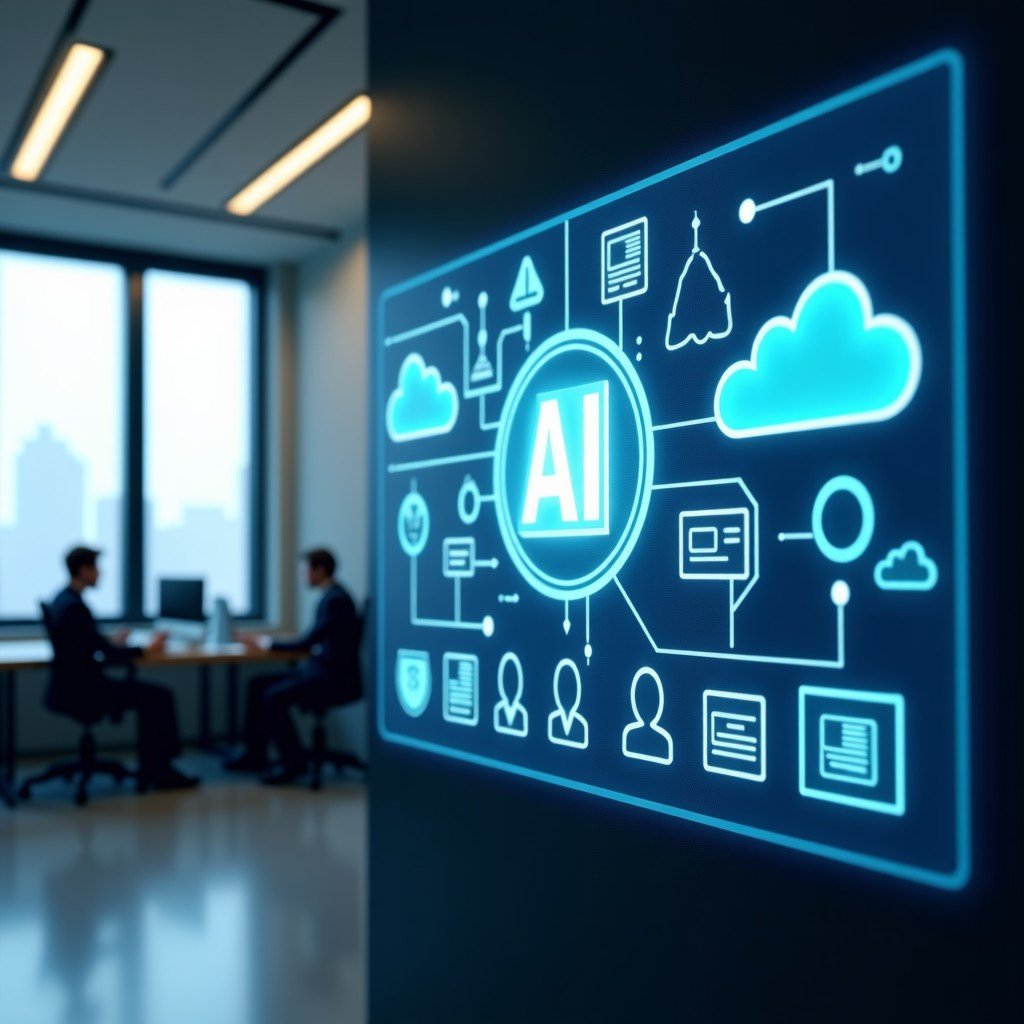 A professional office setting where a modern AI interface is seamlessly integrating with various software icons like clouds, documents, and mail. The atmosphere is collaborative and high-tech, showing a synergy between human work and artificial intelligence. 4:3