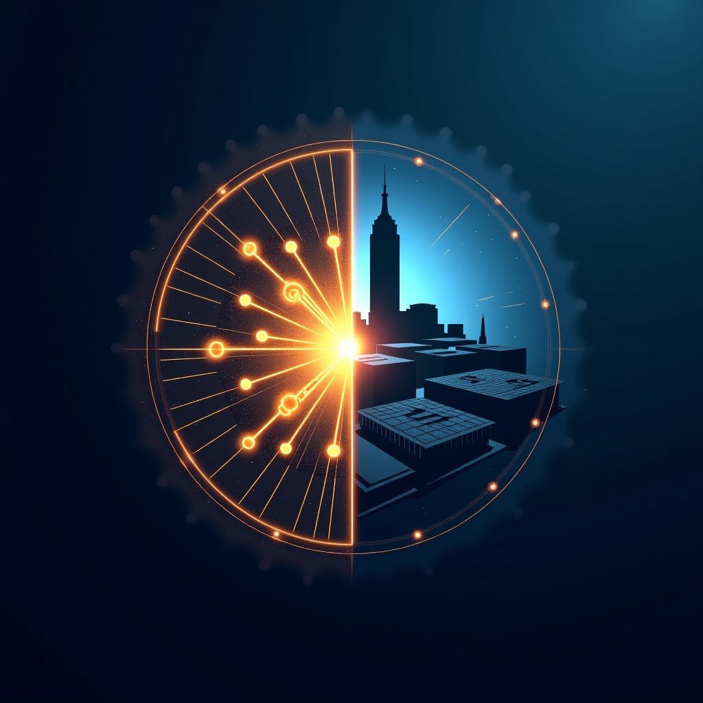 A high-tech digital illustration showing a glowing AI neural network emblem on one side and a stylized Pentagon building silhouette on the other, representing a strategic conflict, dark blue and gold color palette, cinematic lighting, 4:3