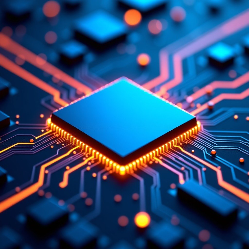 A close up shot of a high tech Arm architecture semiconductor chip glowing with neon blue and gold circuitry lines on a dark metallic background representing AI technology. 4:3