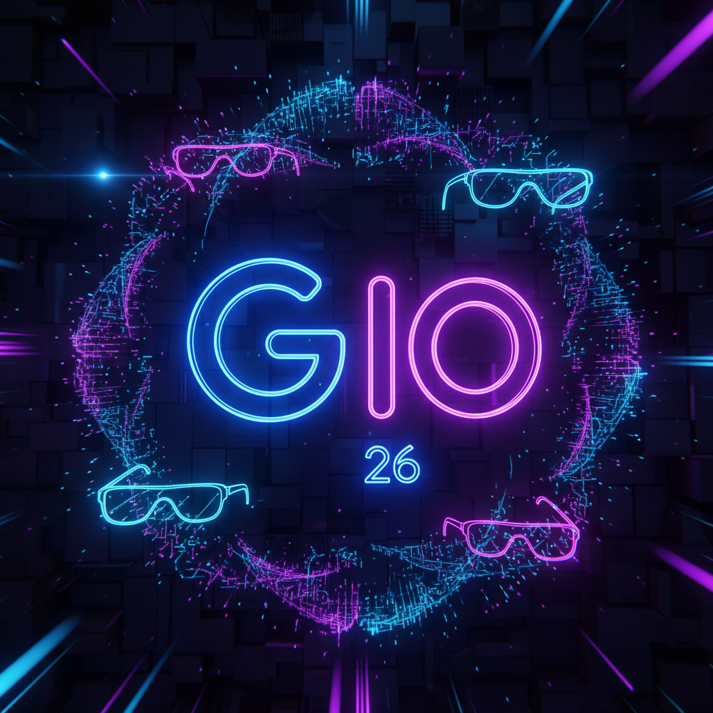 미래 지향적인 구글 I/O 컨퍼런스 로고와 AI 테마