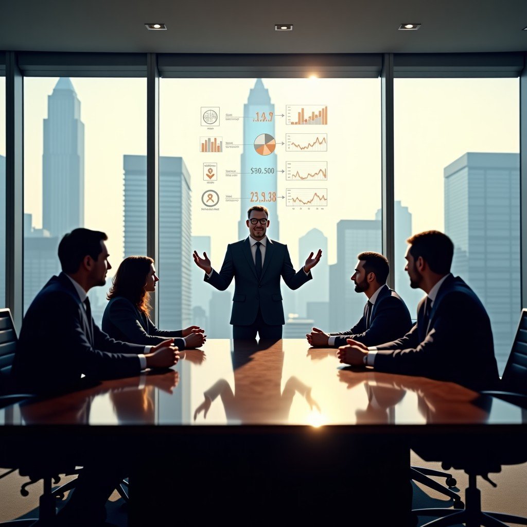 A high-end modern corporate boardroom in a New York skyscraper, Jamie Dimon style CEO figure presenting to executives, holographic AI data visualizations floating above a mahogany table, morning light hitting the glass windows, photorealistic, cinematic lighting, 4:3