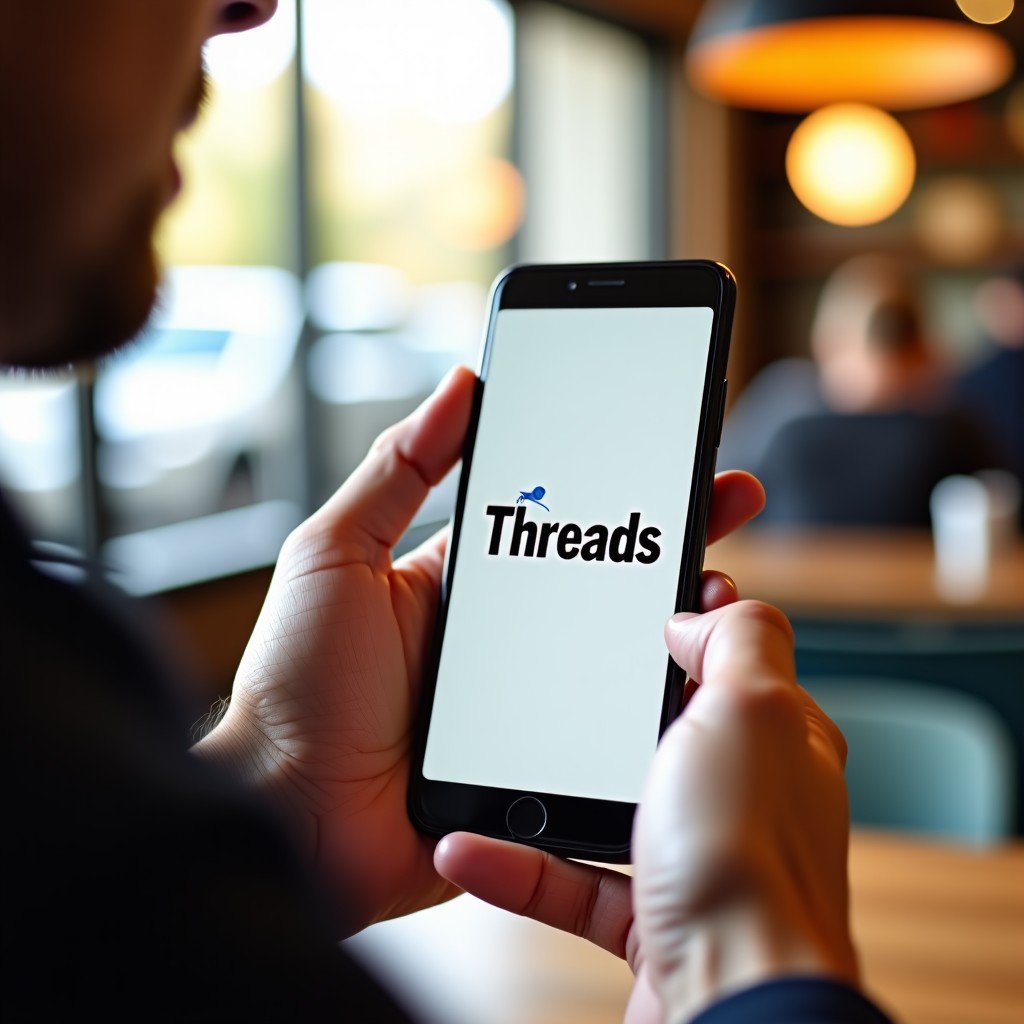 A high-quality lifestyle photo of a modern smartphone displaying a stylized Threads logo on the screen, held by a person in a bright cafe setting, warm lighting, natural atmosphere, 4:3