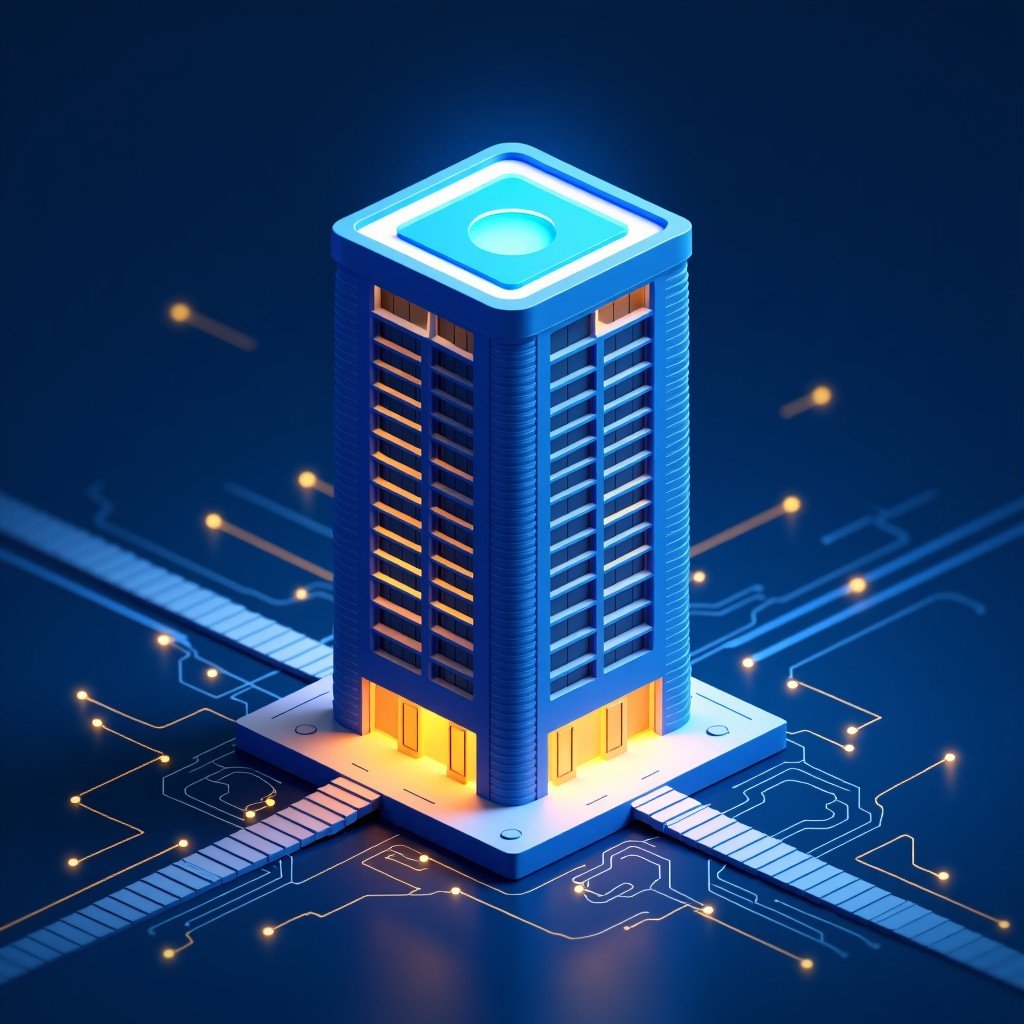 A conceptual illustration of a high-tech partnership between a venture capital firm and an AI startup. Blue and gold color palette. Modern office building in a digital circuit style. No text. 4:3