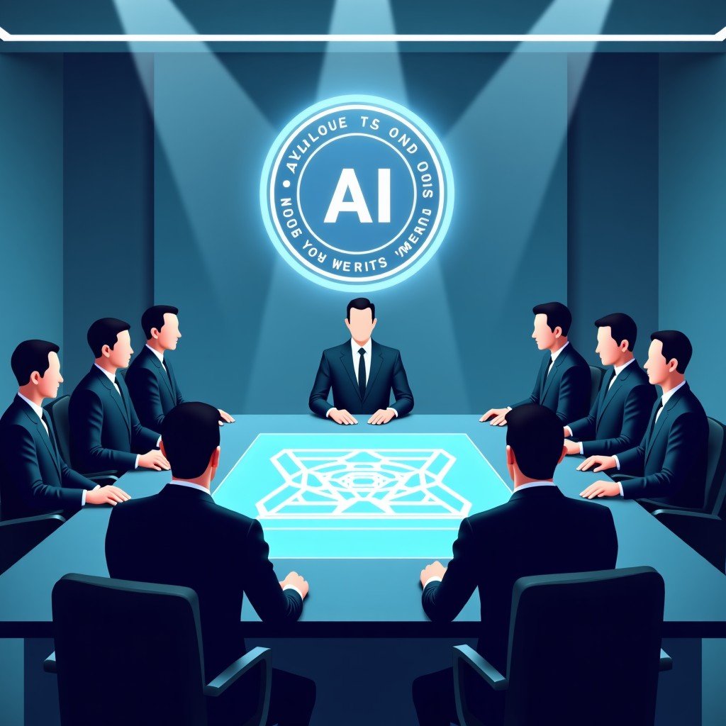 A professional and cinematic illustration of a high-tech boardroom meeting between tech executives and military officials. In the center, a holographic interface shows the OpenAI logo and the Pentagon seal merging. The atmosphere is serious and futuristic with cool blue and grey tones. 4:3