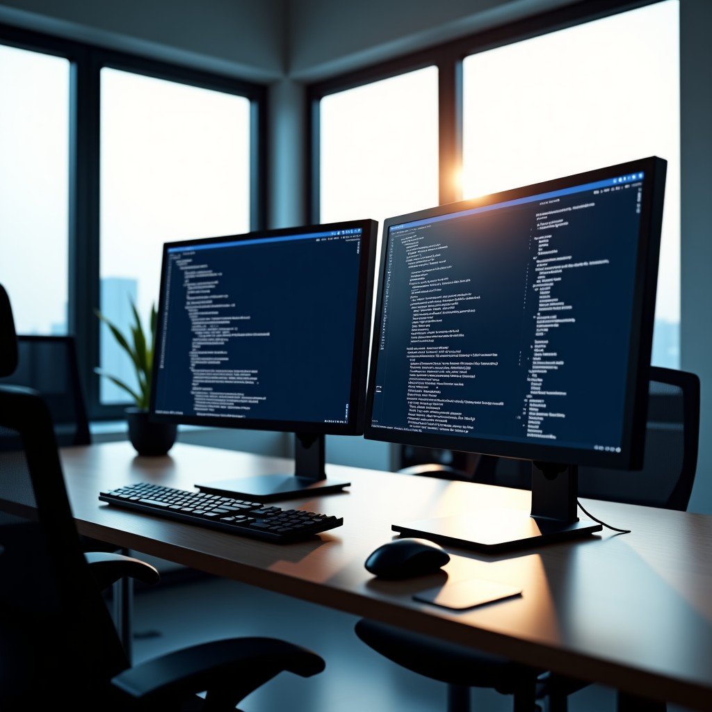 A realistic office setting with high-end computer monitors displaying complex code and neural network visualizations, soft morning light hitting the desk, professional atmosphere, minimalist design, 4:3 aspect ratio.