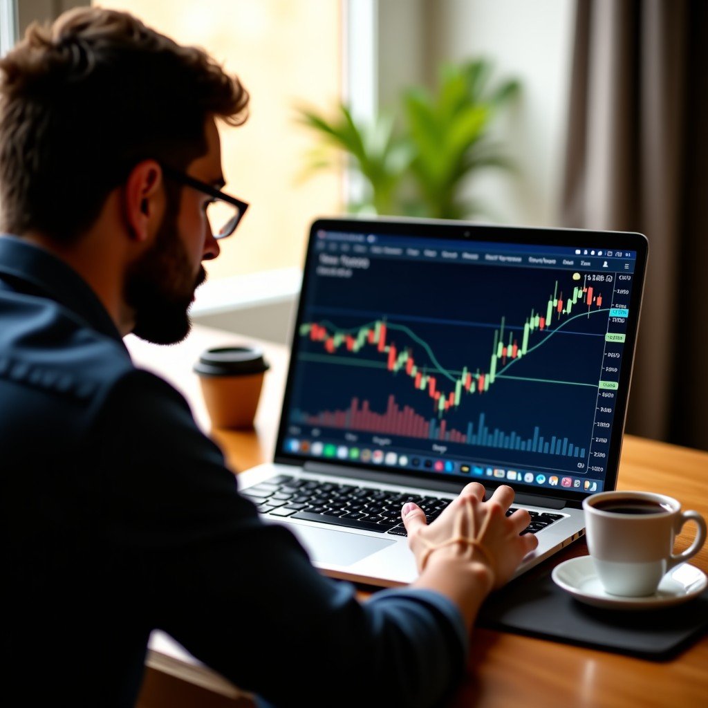 A professional person analyzing a laptop screen showing a RSI momentum oscillator graph. Warm indoor lighting, a cup of coffee on the desk, natural lifestyle photography of a focused modern investor. 4:3