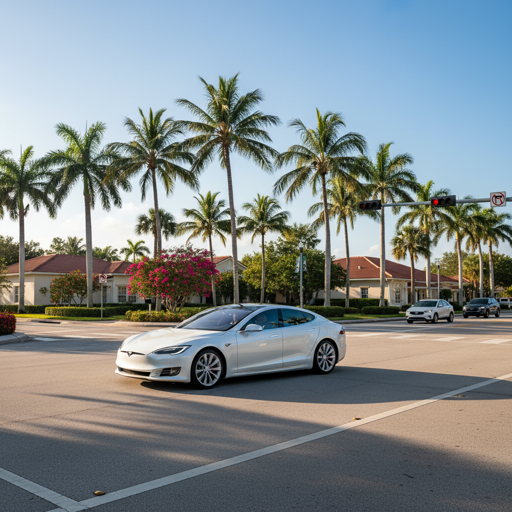 플로리다 도로를 주행하는 화이트 테슬라 모델 S