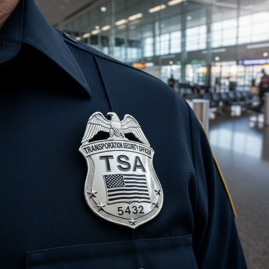 공항 터미널 내부의 TSA 요원 제복 디테일