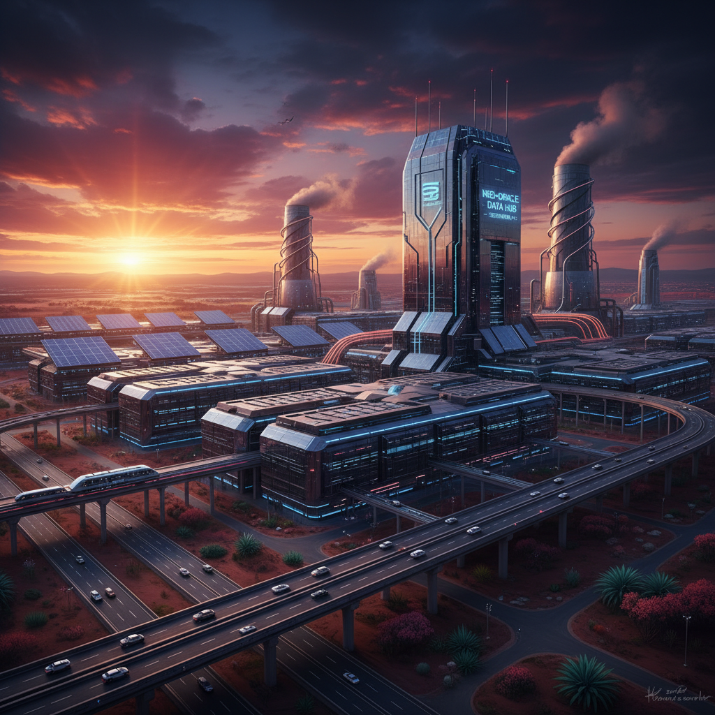 A futuristic large-scale AI data center facility in Southaven Mississippi under a dramatic sunset sky with industrial elements 4:3