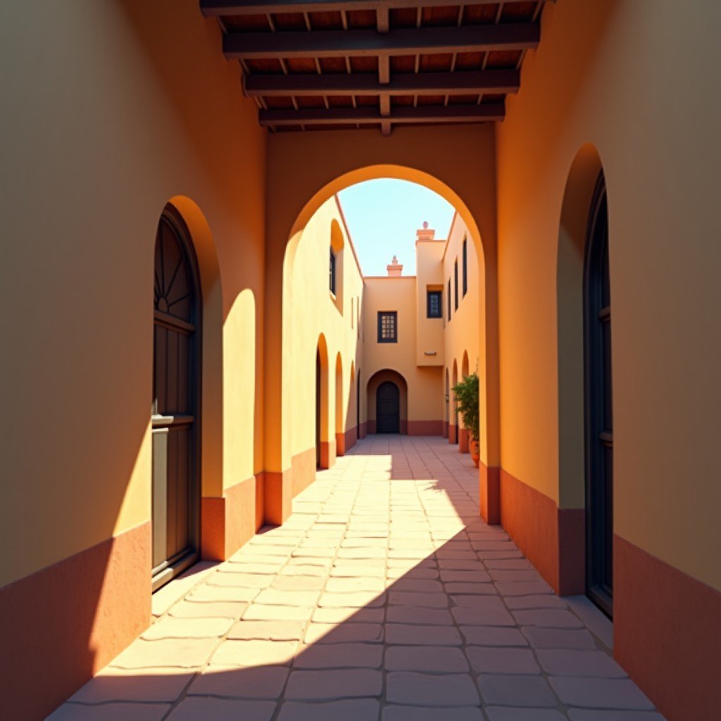 A narrow covered walkway in the old town of Ghadames, sunlight piercing through small roof openings, mud-brick walls with shadows, atmospheric lighting, historical illustration style. 4:3