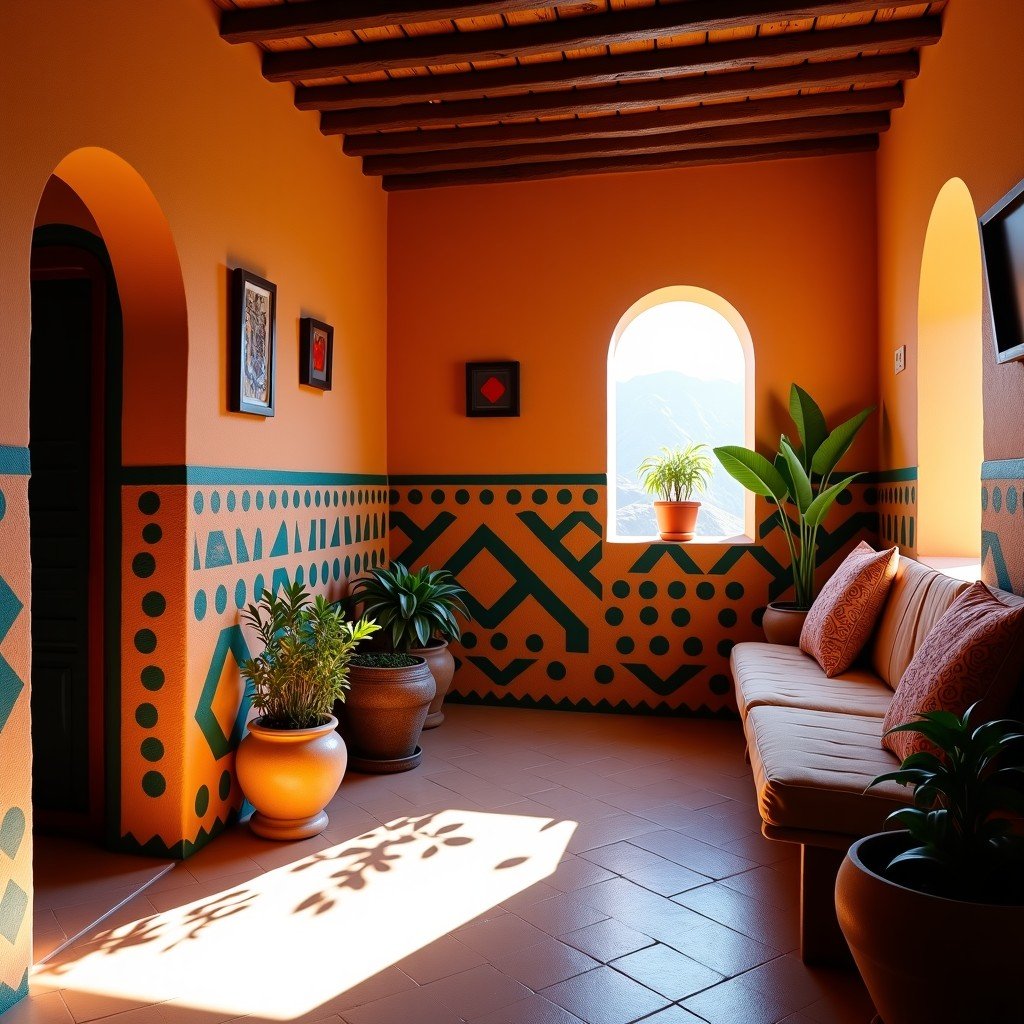 Interior of a traditional house in Ghadames, colorful geometric wall paintings and patterns, warm sunlight filtering through small windows, rustic earthen textures, lifestyle photography style. 1:1