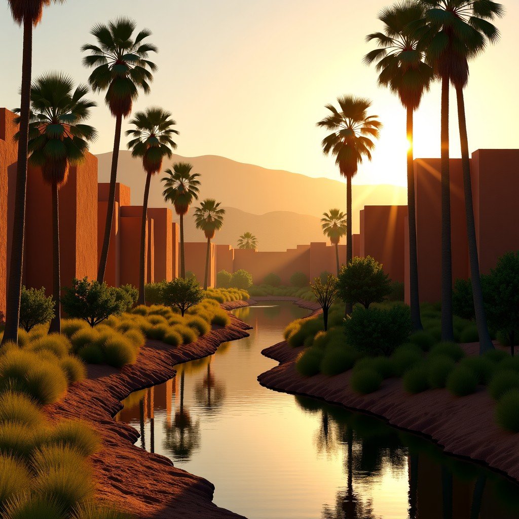 A lush oasis with tall date palm trees surrounding the mud-brick city of Ghadames, clear irrigation channels with running water, golden hour lighting, rich textures, wide angle. 4:3