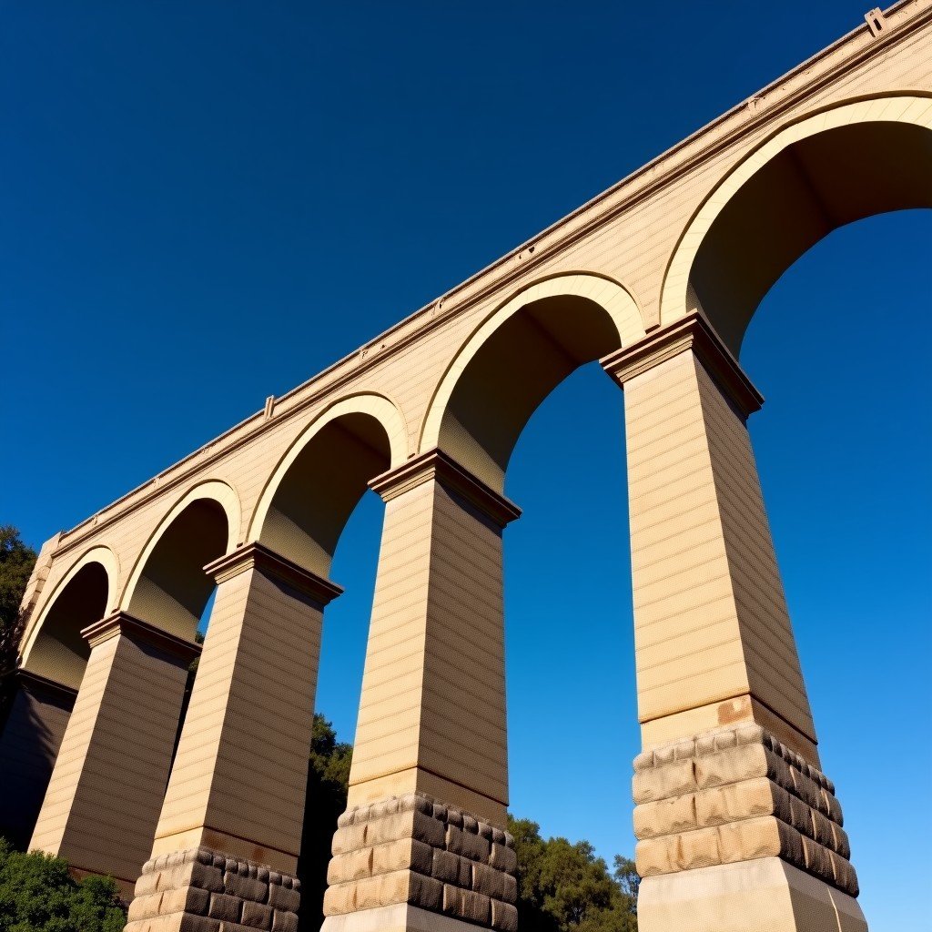 Low angle perspective of the three-tiered arches of Pont du Gard against a deep blue sky, showing the scale of the Roman engineering, majestic and powerful composition, 1:1