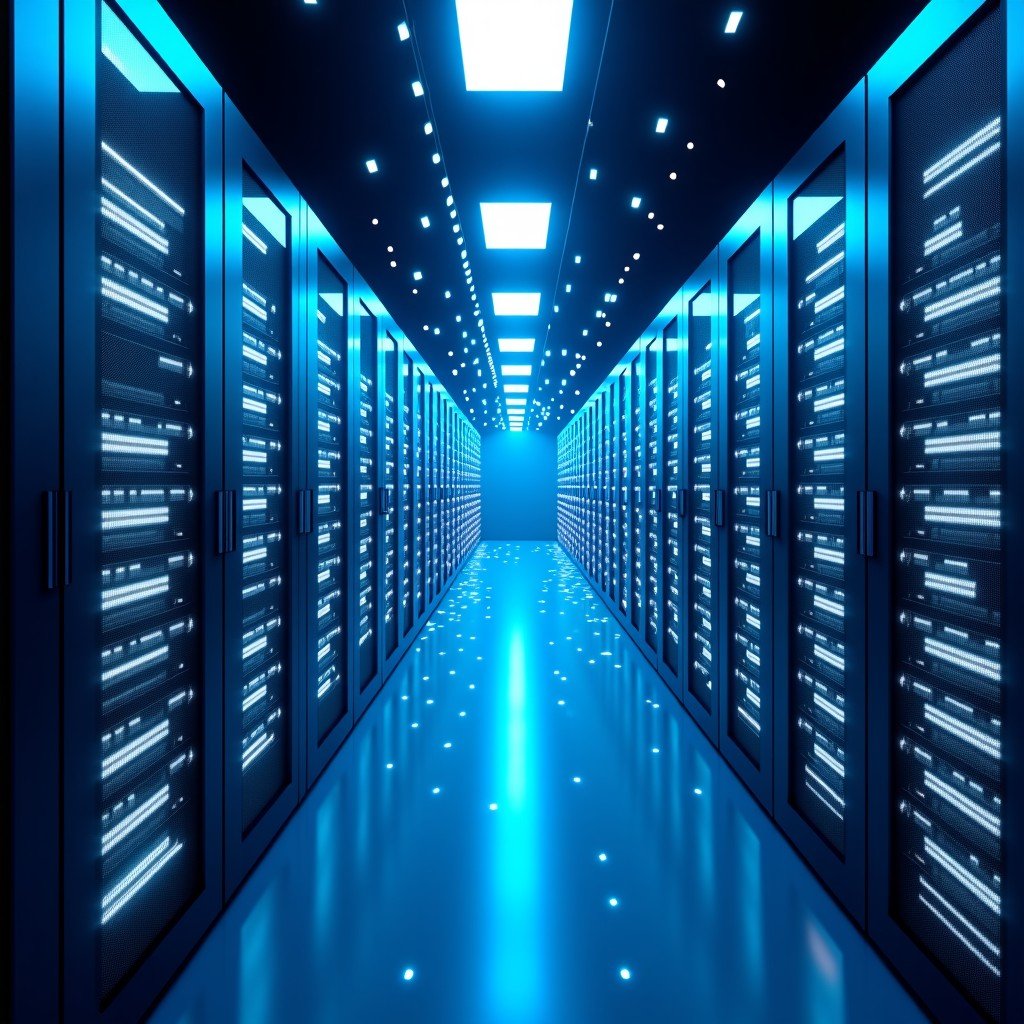 A futuristic data center with rows of glowing server racks representing cloud-based virtual machines. Digital streaks of light connect the servers symbolizing high-speed parallel processing. 4:3