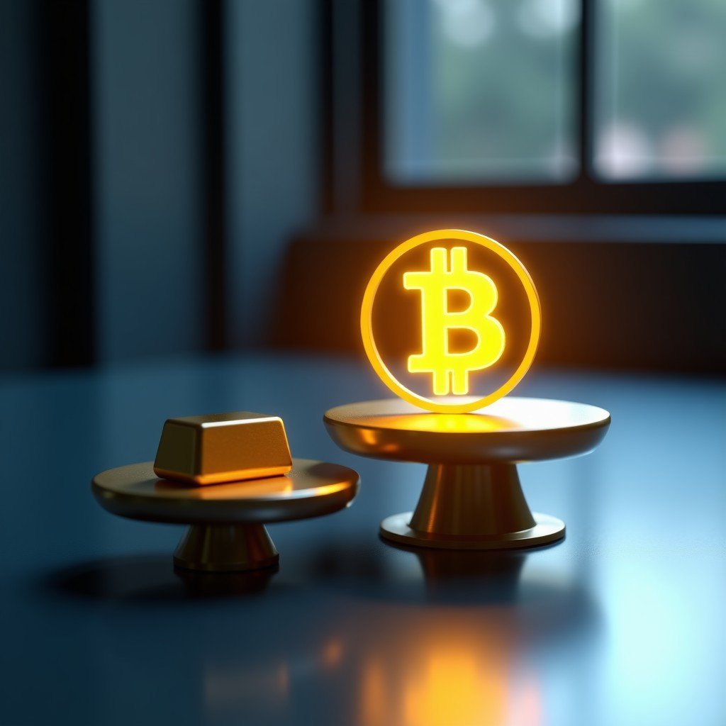 A high-end minimalist laboratory setting with a sleek metallic scale where a physical gold bar is significantly heavier than a glowing digital bitcoin symbol, professional product photography, 1:1