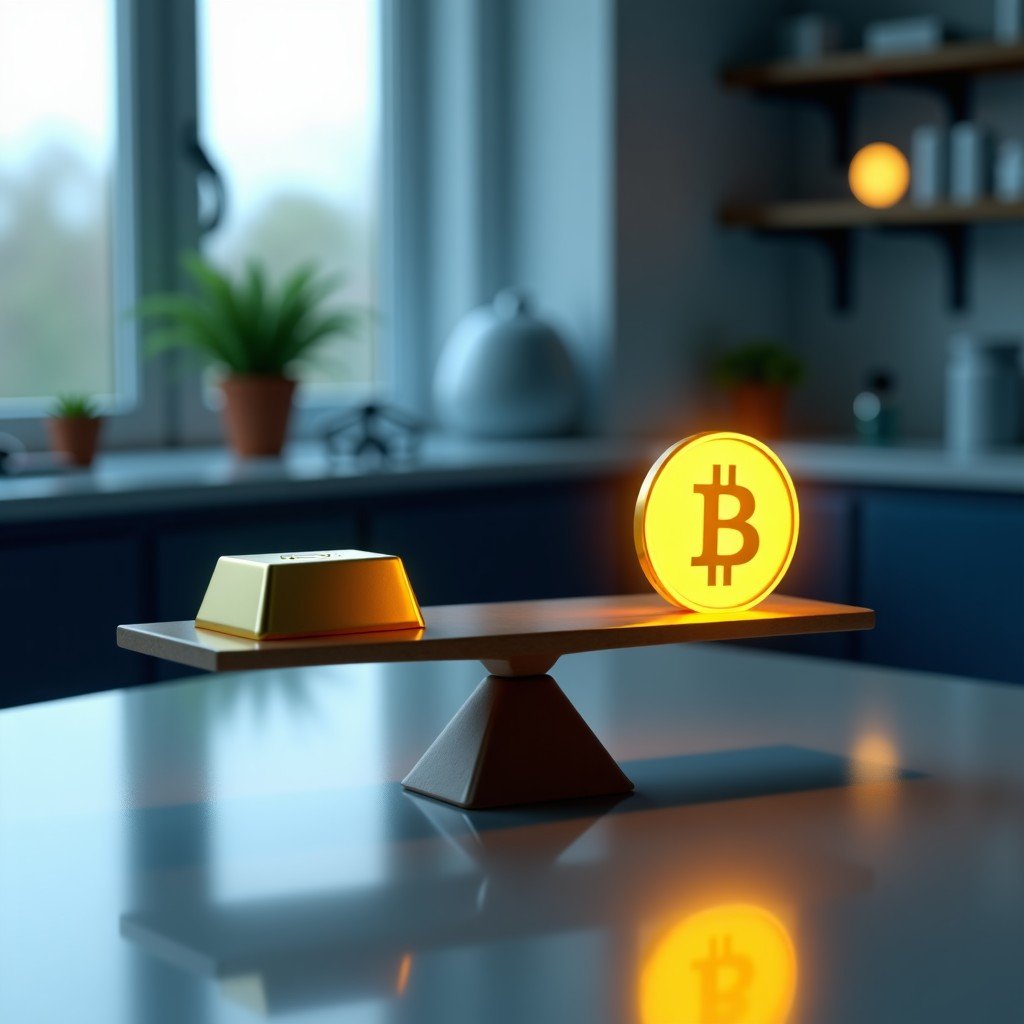 A high-tech digital scale balancing a glowing Bitcoin coin against a solid gold bar in a minimalist laboratory setting with soft focus background, 4:3