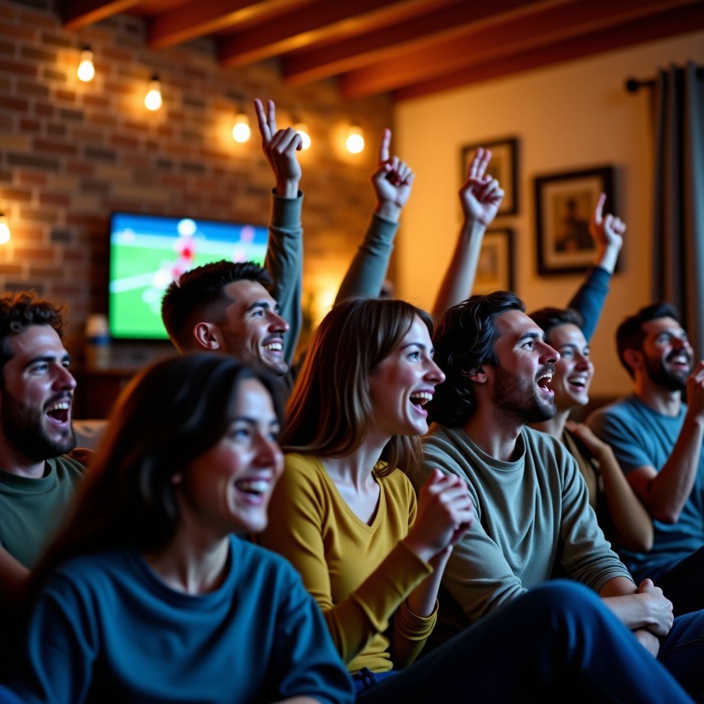 A group of diverse friends and family members cheering enthusiastically in a cozy living room decorated with football memorabilia. They are looking at a large TV screen off-camera. Warm indoor lighting, candid natural expressions, cinematic lifestyle photography, 1:1.