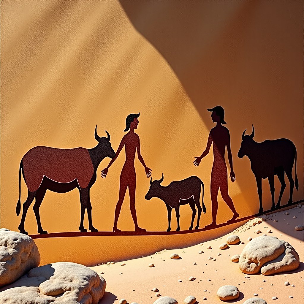 Ancient rock painting showing humans herding cattle and interacting in a communal setting, earthy tones, artistic rendering on rock texture, 4:3