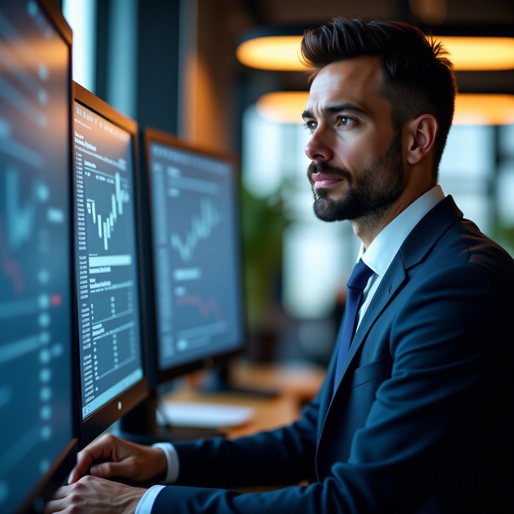 A professional portrait of a sharp-looking male hedge fund manager in a modern office, looking at stock market screens with complex data, soft natural lighting, realistic style, 4:3
