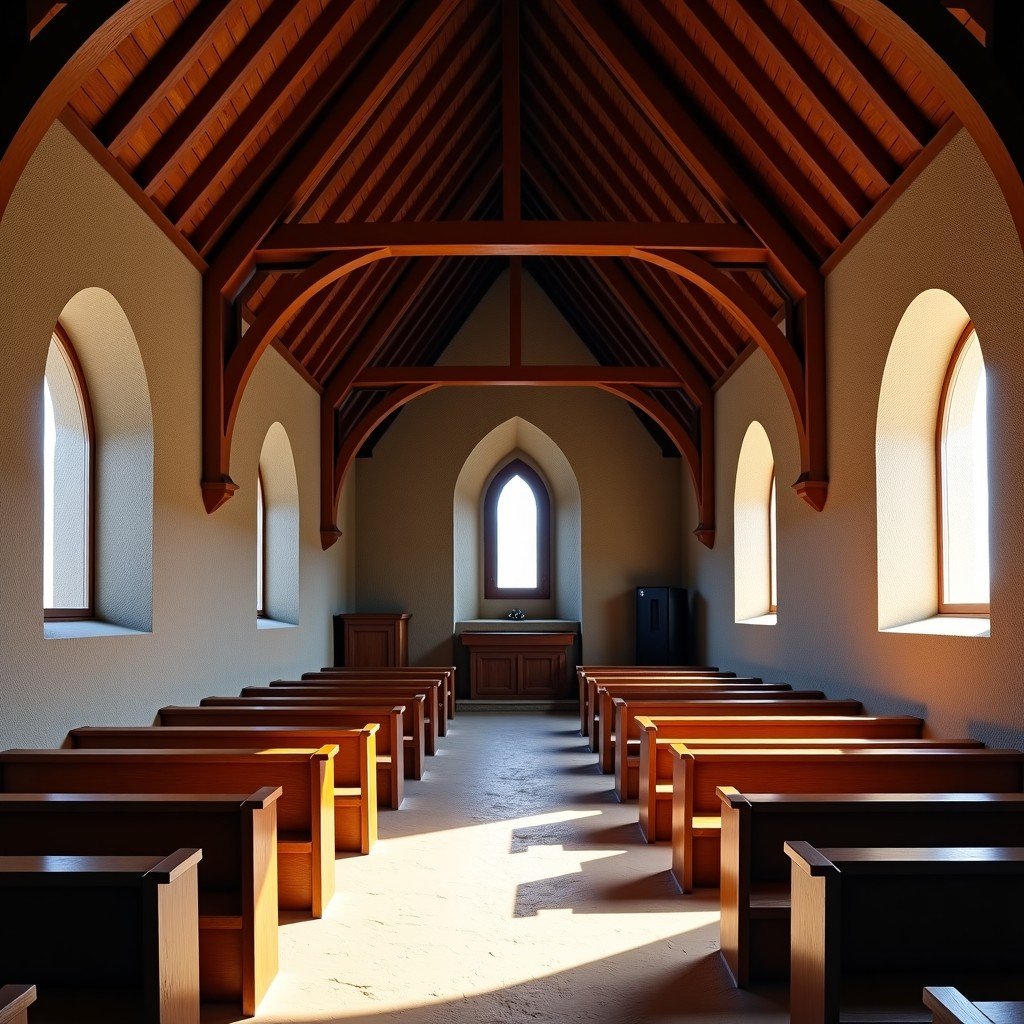 Interior of a Troodos church showing the unique steep timber roof structure above ancient stone walls and frescoes, dimly lit with natural light from small windows, 4:3