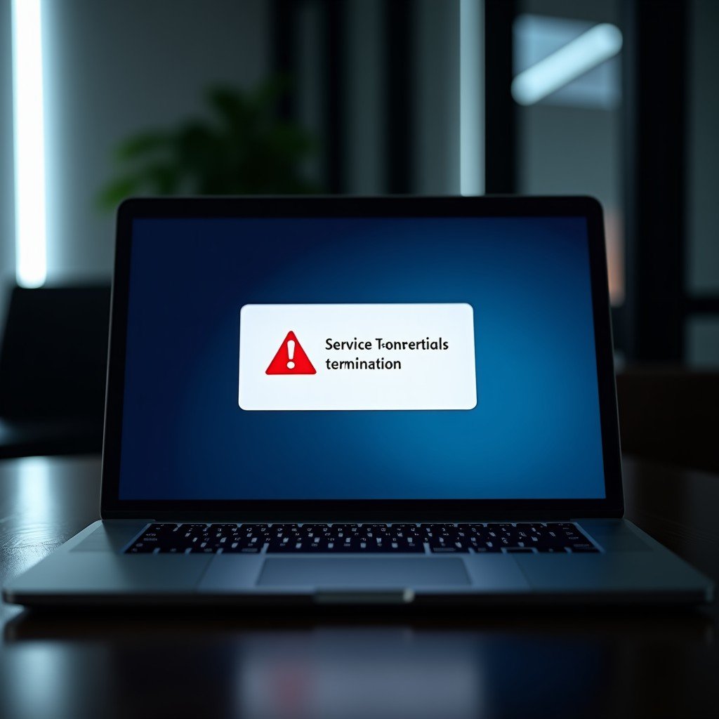 A laptop screen displaying a digital service termination notice with a red warning icon, dark moody office background, cinematic lighting, high contrast, 4:3