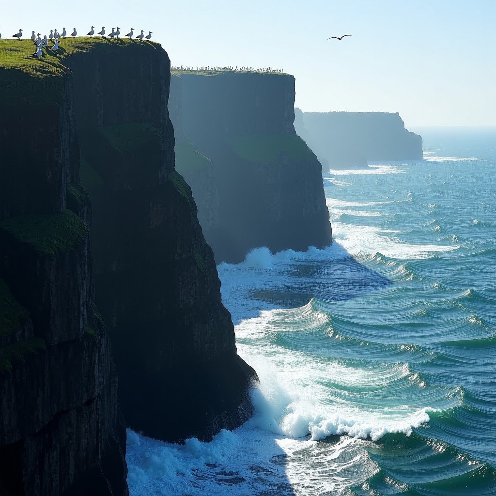 Massive sea stacks rising from the dark ocean water, thousands of white gannets flying around the cliffs, dramatic lighting, textured rock surfaces, ocean spray, 4:3