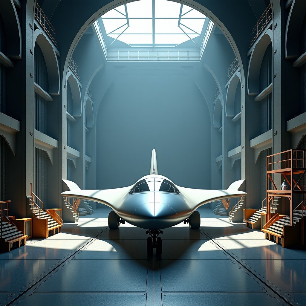 A vast underground hangar with a sleek silver disk shaped aircraft surrounded by futuristic testing equipment and scaffolding. 1:1