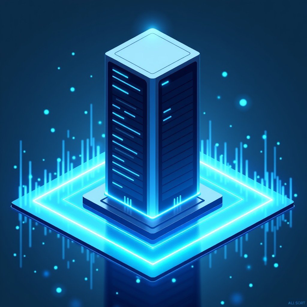 A conceptual illustration of a futuristic data center building surrounded by a glowing digital moat. The scene conveys a sense of impenetrable security and structural stability. Use blue and silver tones with high-tech neon accents. No text, artistic and textured background, 4:3