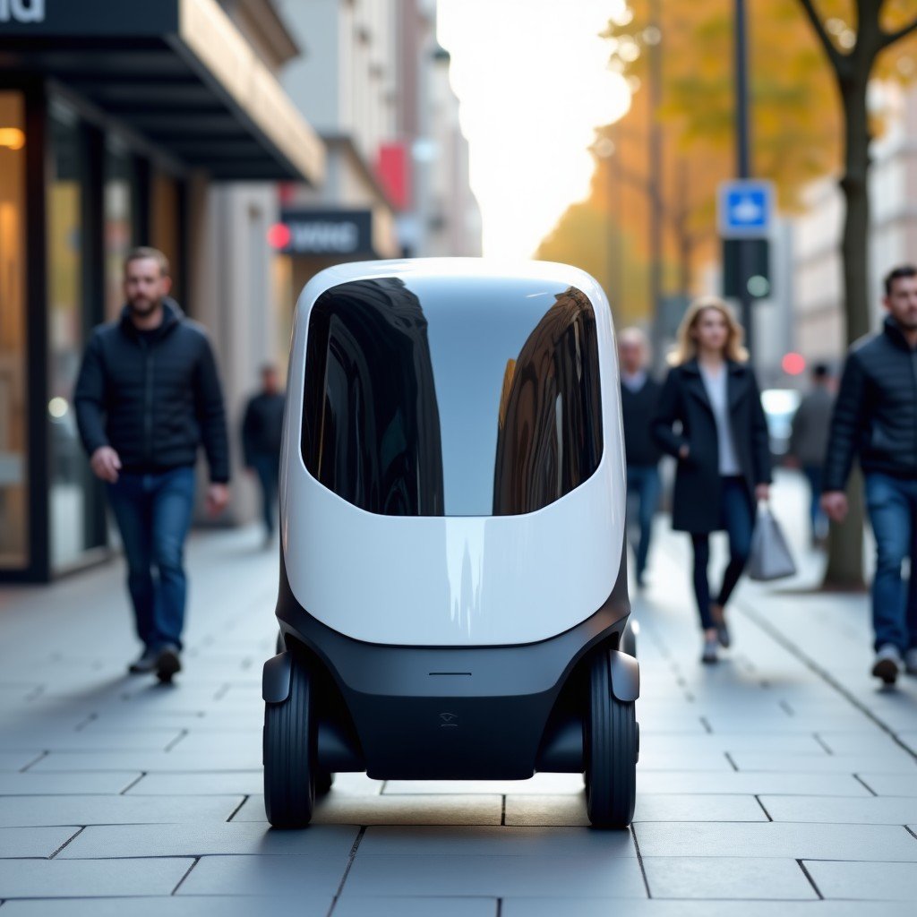 A sleek white autonomous delivery robot moving on a clean city sidewalk. People walking in the background in a high-tech urban environment. Daytime lighting. No text. 4:3