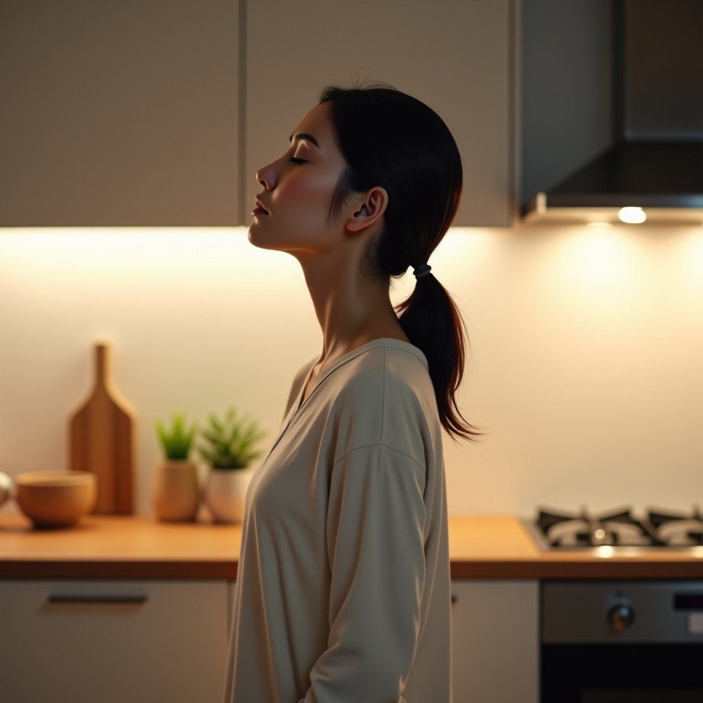 A Korean woman standing alone in a kitchen with soft lighting, taking a deep breath with her eyes closed to calm herself. She looks focused and composed. 4:3