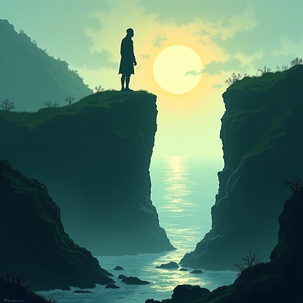 Artistic illustration inspired by Irish folklore, a giant figure looking out over a stone causeway leading into the sea, misty morning light, celtic patterns, textured background, 4:3