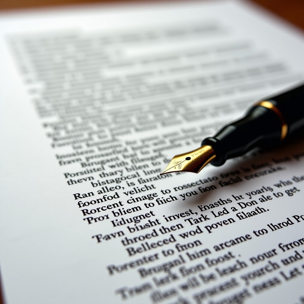 Close up of a legal document with many paragraphs redacted by thick black lines, a fountain pen lying next to it, realistic textures, 4:3