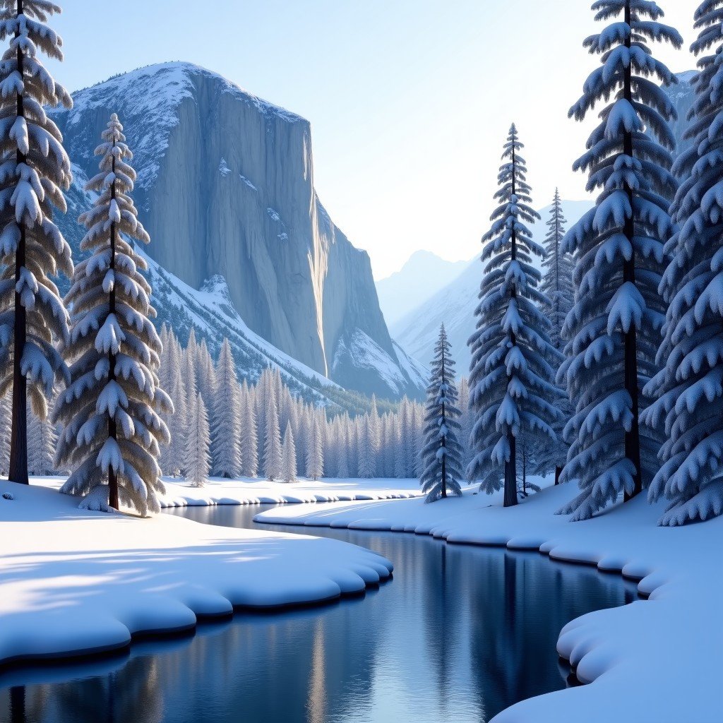 A serene winter landscape of Yosemite Valley covered in white snow, frosted pine trees, the Merced River reflecting the snowy granite cliffs, soft winter light, realistic and detailed, 4:3