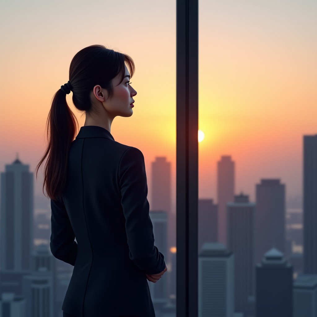 A high-income Korean female professional standing by a large office window overlooking a modern city skyline at sunset. Thoughtful expression, sophisticated attire, photorealistic, 4:3.