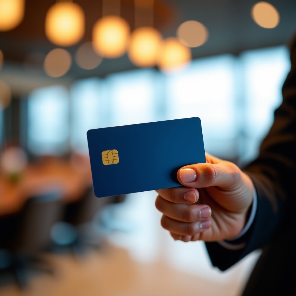 A close-up of a person hand holding a sleek blue travel credit card in a luxury airport lounge setting. The lighting is warm and sophisticated, with a blurred background of a modern airport terminal. 4:3