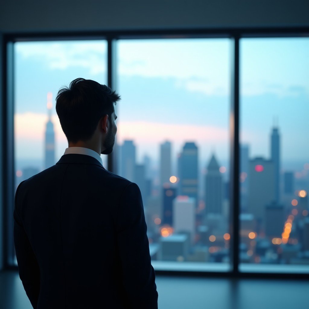 A professional looking at a futuristic city skyline through a large window, conceptual representation of strategic planning, cinematic lighting, calm and thoughtful mood, high resolution. 1:1