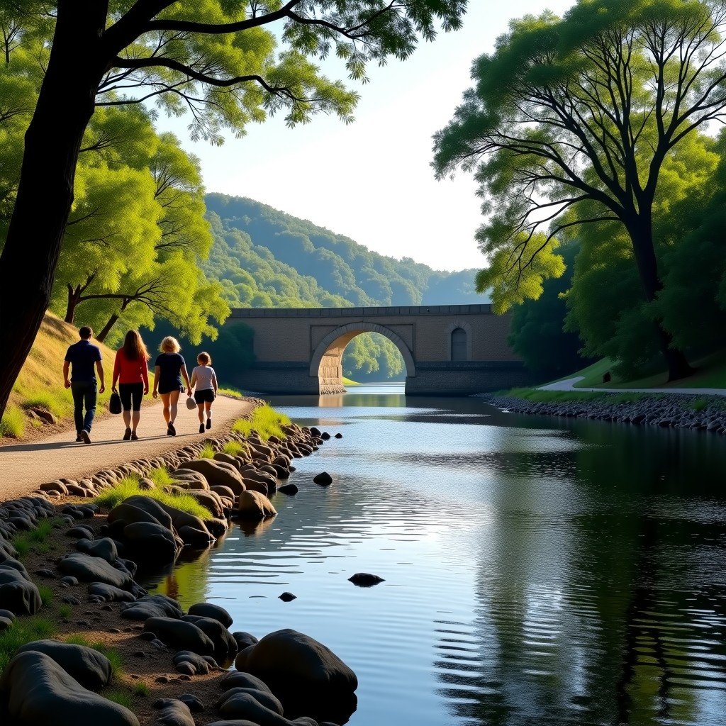 People walking along the riverbank near the ancient Pont du Gard, lush green trees and rocky path, soft natural lighting, peaceful atmosphere in southern France, 4:3